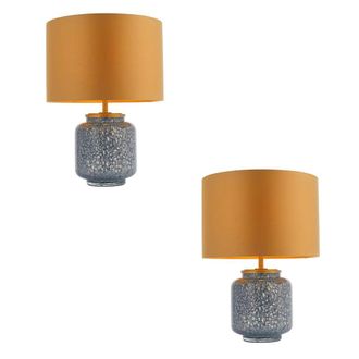 Loops 2 PACK Cobalt Glass Base Table Lamp Light & Gold Fabric Shade - Antique Brass in Clear
