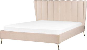 Beliani Cama Con Somier De Terciopelo Beige Dorado 160 X 200 Cm Metal Usb Cabecero Miribel
