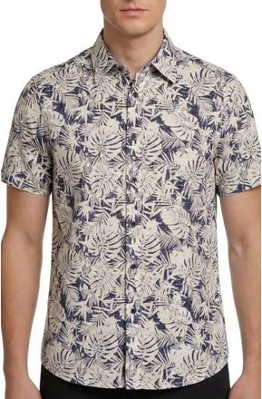 Report Collection Tropical Print Short Sleeve Linen & Cotton Button-Up Shirt in Navy at Nordstrom Rack, Size Xx-Large