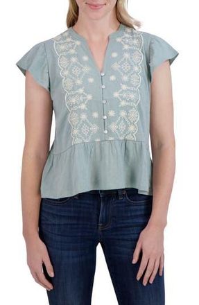 Lucky Brand Embroidered Flutter Sleeve Cotton Top in Sage at Nordstrom Rack, Size X-Large