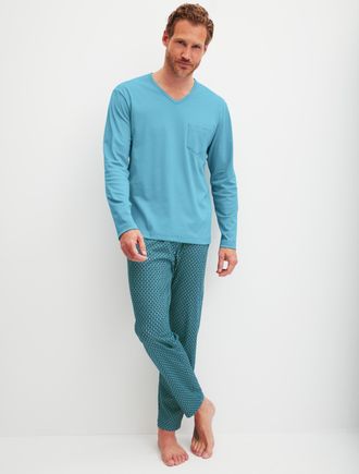 CALIDA Schlafanzug CALIDA Relax Streamline 1, Damen, Gr. XXL (58/60), retro blau, Interlock, Obermaterial: 100% Baumwolle, bequem lang, V-Ausschnitt, Homewea