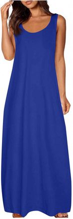 Generic Womens Casual Sleeveless Sundress Plain Sexy Round Neck Maxi Dress with Pockets Ladies Loose Fit Pullover Long Dresses Baggy Summer Lounge Comfy Plus 