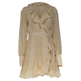 Zimmermann Metallic Frill Wrap Mini Dress in Yellow Silk
