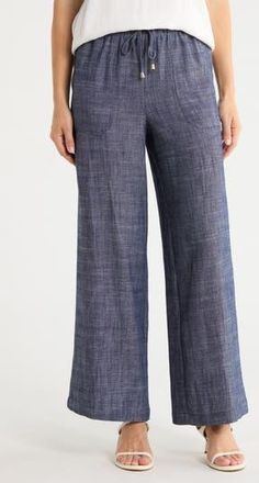 Ellen Tracy Wide Leg Chambray Pants in Chambray Blue at Nordstrom Rack, Size Large
