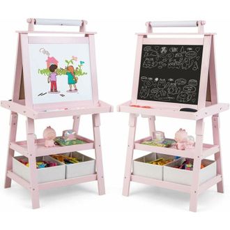 Costway Costway - Pizarra de Doble Cara para Ni&ntilde;o Caballete de Infantil Tablero de Pie con 2 Cajas de Almacenamiento,Rollo de Papel y Estantes (Rosa)