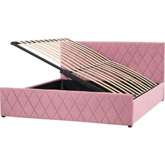 Beliani Cama Con Somier De Terciopelo Rosa 180 X 200 Cm Almacenaje Cabecero Rochefort