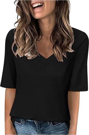 Generic Womens Fashion Half Sleeve Tops Casual V Neck Summer Shirts Loose Fit Elbow Length Sleeve Blouses 2025 Ladies Tops