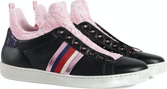 Gucci pink web lace black leather trainers Size 37