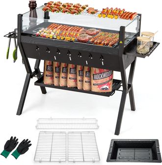 Costway Costway - Barbacoa Carb&oacute;n Y Le&ntilde;a Con Parrillas, Acero Inoxidable, Barbacoa Carbon Con Protector Contra Viento, Estantes Para Condimentos Y De Almacena