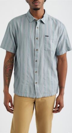 Brixton Cru Textured Stripe Short Sleeve Cotton Dobby Button-Up Shirt in Trooper at Nordstrom, Size Xx-Large