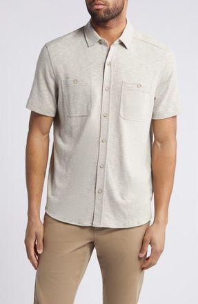 Johnston & Murphy Short Sleeve Knit Button-Up Shirt in Sand at Nordstrom, Size Large