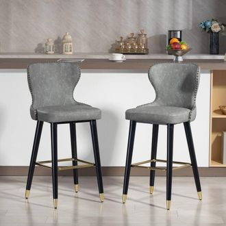 HOMCOM Bar Stools Set of 2, Dining Stools with Backrest, Footrest in Grey