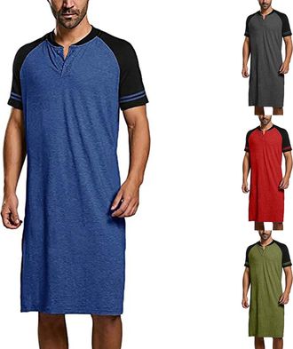 Generic Mens Nightshirts Short Sleeve Nightgown Pajamas Nightwear Lightweight Sleepwear Cotton Bathrobes Color Patchwork Half Button Long Loose Top V-Neck Ove