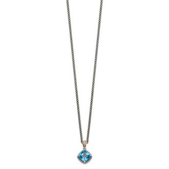 Diamond2Deal Sterling Silver with 14K Accent Cushion Blue Topaz Pendant Necklace