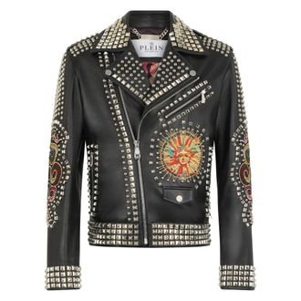 Philipp Plein Giacca Biker Vintage in Pelle Borchie & Toppe - - Jackets - Uomo - Nero - 2XL