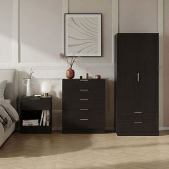 Home Discount Trega 3pc Bedroom Furniture Set - 1 Drawer Bedside, 5 Drawer Chest & 2 Door Wardrobe, Black