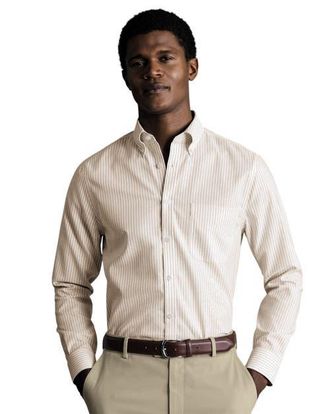 CHARLES TYRWHITT Slim Fit Button-Down Collar Non-Iron Stretch Stripe Oxford Shirt in Taupe at Nordstrom, Size 16.5 35