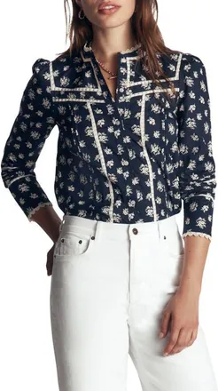 Boden Carmen Trim Insert Cotton Top in French Navy Delicate Garden at Nordstrom, Size 10