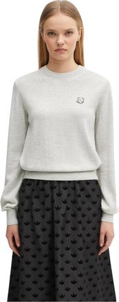 Maison Kitsun&eacute; Fox Head Wool Crew Neck Sweater - Dames - Ronde hals truien - Grijs - XS - Wol - Truien & Vesten