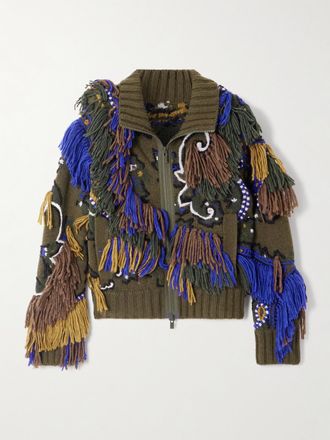 sacai Cardigan In Misto Lana Jacquard Con Ricami E Frange - Verde