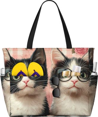 Generic Cute Cat Print Large Beach Bag Foldable Travel Shoulder Tote Bag With Pocket For Weekender Pool Vacation