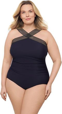 Aqua Green Plus Size Novelty Trim High Criss Cross Neck Full Coverage One-Piece Swimsuit in True Navy at Nordstrom, Size 2X