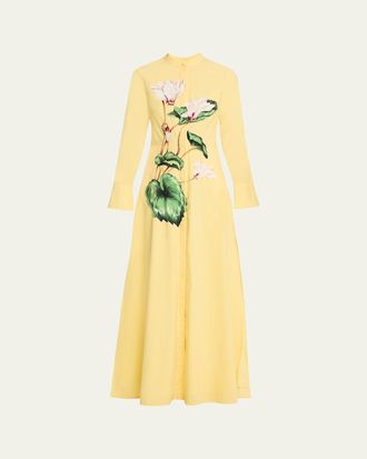 Oscar De La Renta Long-Sleeve Chine Cyclamen Poplin Maxi Shirtdress