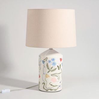 Maisons du monde L&aacute;mpara de gres con flores y pantalla de tela