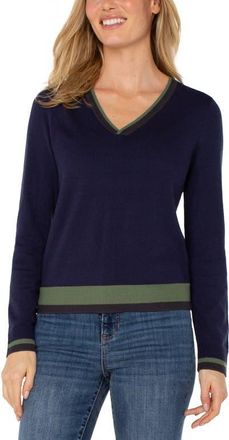 Liverpool L.A. Contrast Trim V-Neck Sweater in Navy/Grn Multi at Nordstrom, Size X-Small