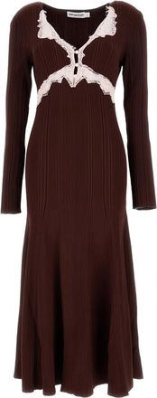 Self Portrait Abito svasato a coste - Marrone