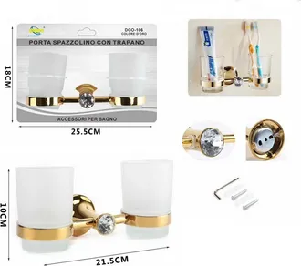 Trade Shop Trade Shop - Doppio Bicchiere Supporto Bagno Porta Spazzolino Denti Muro Dorato Oro Dgo-106