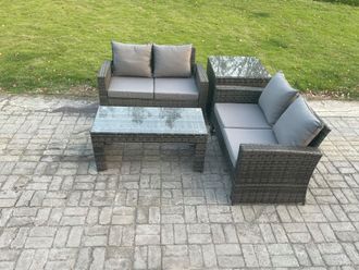 Fimous 4 Pieces Garden Furniture Sets Poly Rattan Outdoor Patio Furniture PE Wicker Furniture Set with Loveseat & Table in Dark Grey