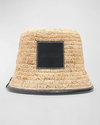 Jacquemus Le Bob Soli Raffia & Black Leather Bucket Hat