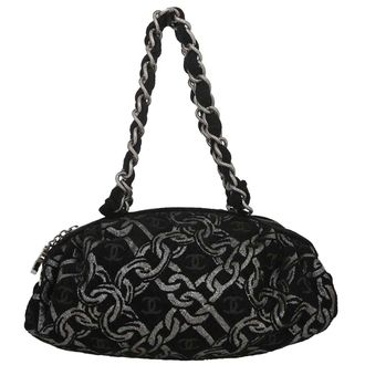 Chanel Vintage Zip Bowler Printed Jacquard Black Cotton Handbag (Pre-Owned)