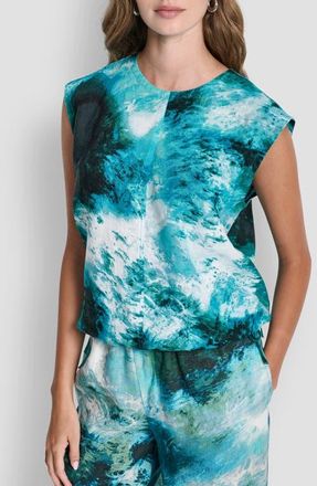DKNY Brushstroke Print Drawstring Waist Linen Top in Tidal Brushstroke at Nordstrom, Size X-Small