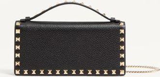 Valentino Garavani Rockstud Wallet With Chain In Grainy Calfskin Woman BLACK UNI