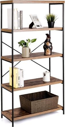 Costway Costway - Libreria A 5 Piani, Scaffale Industriale In Legno Con Struttura In Metallo, Aste Di Sostegno A X Dispositivo Antiribaltamento, Per Soggiorno