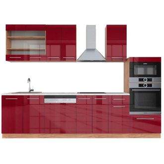 Vicco Mueble De Cocina Fame-line, Burdeos Brillo Intenso/roble Dorado, 300 Cm Con Armario Alto, Et M&aacute;rmol