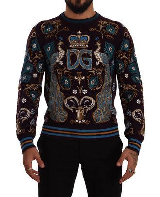 Dolce & Gabbana Mens Bordeaux Cashmere DG Crown Embroidered Sweater - Red - Size EU 44 (Mens)