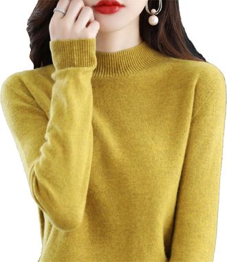 Generic Cashmere Sweaters for Women, 100% Cashmere Long Sleeve Crew Neck Soft Warm Pullover Knit Jumpers Trendy Plus Size (Mustard Yellow,XL)
