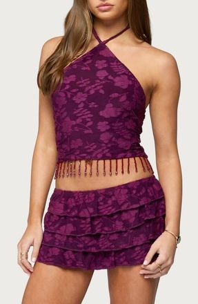 Edikted Keyla Floral Jacquard Beaded Fringe Halter Top in Plum at Nordstrom, Size X-Small