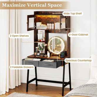 Costway Costway Makeup Vanity Desk w/Mirror & Lights Dressing Table w/Charging Station in Brown