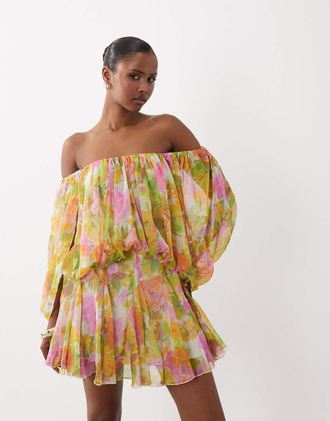 Asos Vestito corto a campana con maniche con spacco e gonna godet voluminosa a fiori-Multi