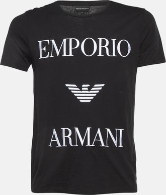 Emporio Armani Black Logo Embroidered Cotton Crew Neck T-Shirt