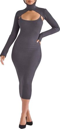 House of CB Meliora Long Sleeve Ribbed Body-Con Dress with Bolero in Charcoal at Nordstrom, Size X-Small