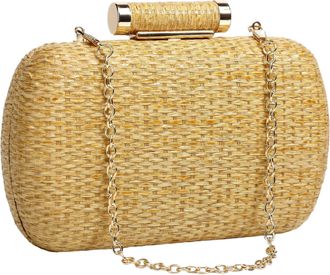 Generic Evening Handbag, Brown Woven Straw Clutch With Golden Chain And Detachable Strap