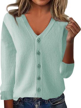 Generic Ladies Cardigans, Cardigans for Women UK Lightweight Long Sleeve V Neck Knit Shrugs Jumper Soft Casual Button Down Open Front Sweaters S Mint Green