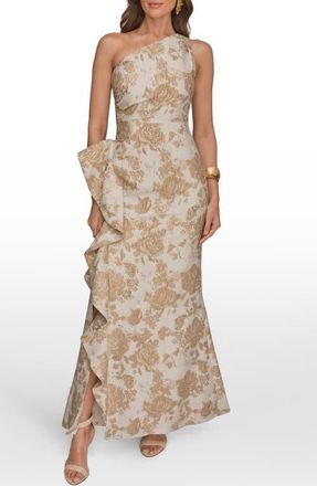 DKNY One-Shoulder Cascading Ruffle Gown in Gold Multi at Nordstrom, Size 16