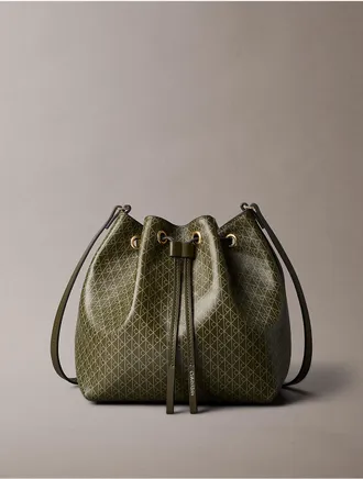 Calvin Klein Womens Emblem Logo Drawstring Bucket Bag - Green