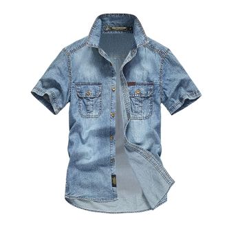 Generic Plain Cotton Denim Shirt Short Sleeve for Men Regular-Fit Funky Summer Casual Short-Sleeved Shirts Comfortable Button Down Short Sleeve Shirt with Fro